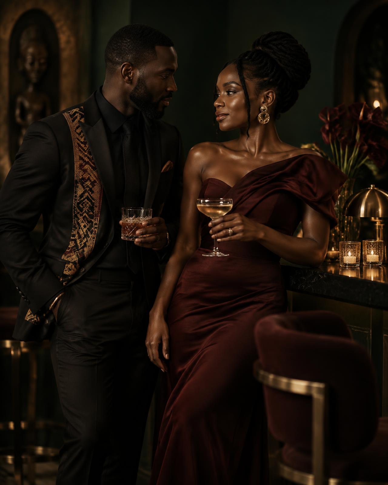 A couple in formal attire sharing a quiet moment with cocktails at a candlelit bar