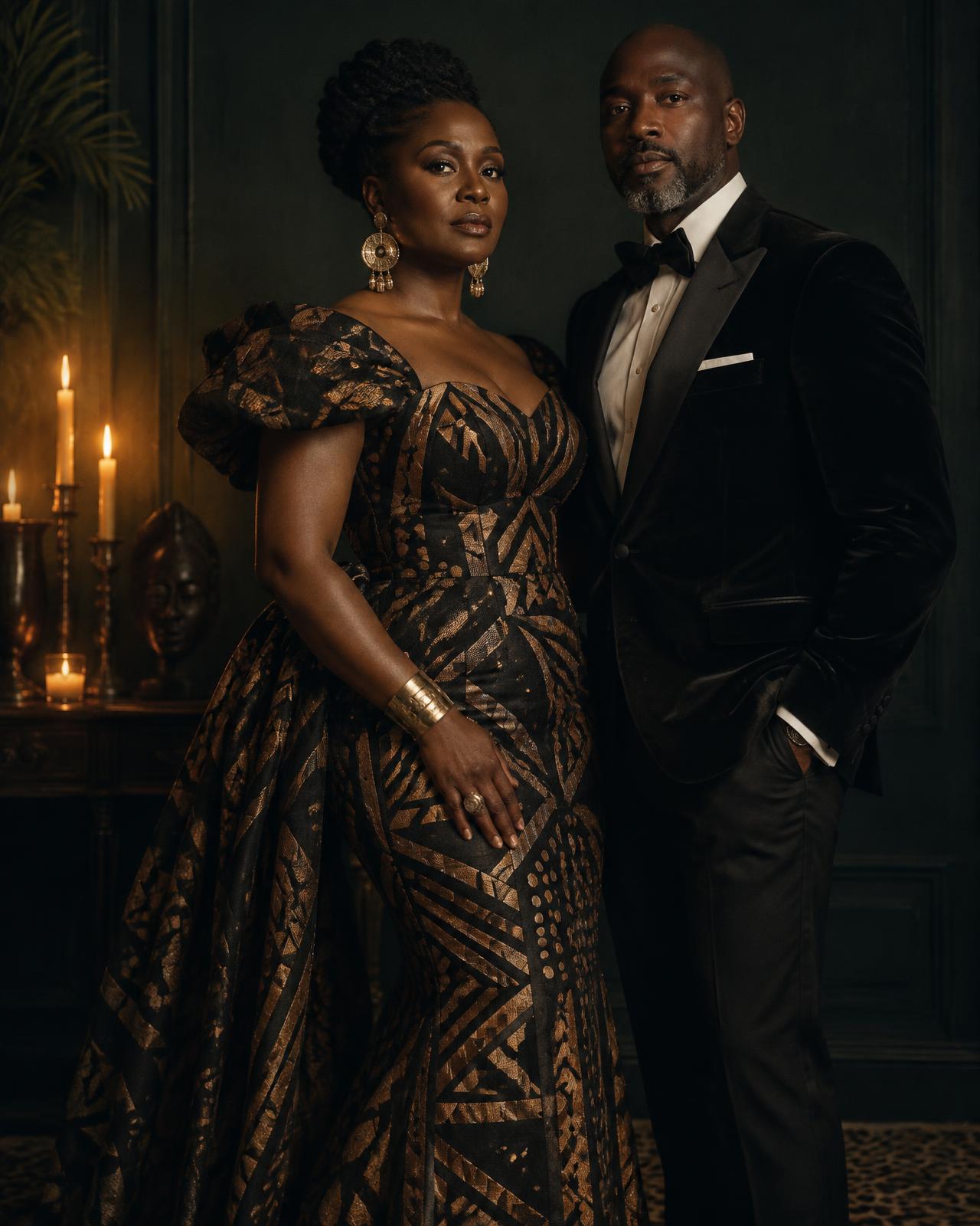 A woman in a contemporary African-inspired gown beside a man in a tailored dinner jacket