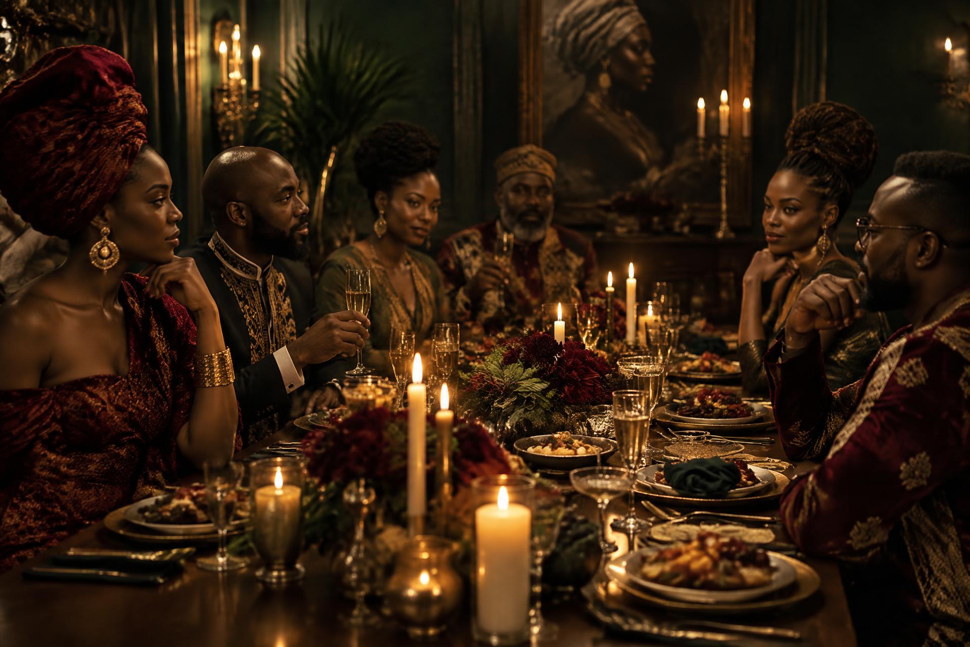 Guests in elegant contemporary African-inspired attire seated at a long candlelit dinner table